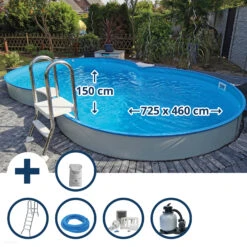 Waterman Stahlwandpool Set (9-teil) Halbhoch Achtform Costa-Rica 725x460x150cm, Stahl 0,8mm Weiß Folie 0,6mm