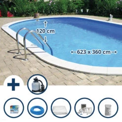 Waterman Stahlwandpool Set (8-teilig) Oval 623 X 360 X 120 Cm, Stahl 0,4 Mm Weiß Folie 0,4 Mm Blau