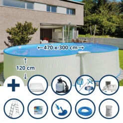 Waterman Stahlwandpool Set (12-teilig) Hoch Achtform 470 X 300 X 120 Cm, Stahl 0,4 Mm Weiß Folie 0,4 Mm Blau