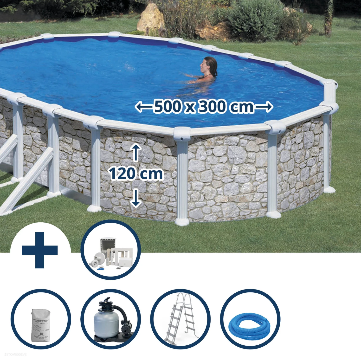 GRE Stahlwandpool Set (6-teilig) Hoch Oval 500 X 300 X 120 Cm, Stahl 0,45mm Steinoptik Folie 0,3mm Blau 1 GRE Stahlwandpool Set (6-teilig) Hoch Oval 500 X 300 X 120 Cm, Stahl 0,45mm Steinoptik Folie 0,3mm Blau