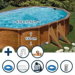 GRE Stahlwandpool Set (7-teilig) Hoch Oval 610 X 375 X 132 Cm, Stahl 0,45 Mm Holzoptik Folie 0,4 Mm Blau
