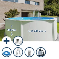 GRE Stahlwandpool Set (5-teilig) Hoch Rund Classic 240 X 120 Cm, Stahl 0,45 Mm Weiß Folie 0,3 Mm Blau