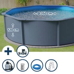 GRE Stahlwandpool Set (5-teilig) Hoch Rund Classic 360 X 120 Cm, Stahl 0,45mm Anthrazit Folie 0,3mm Blau