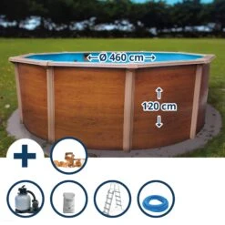 GRE Stahlwandpool Set (5-teilig) Hoch Rund 460 X 120 Cm, Stahl 0,4 Mm Holzoptik Folie 0,3 Mm Blau